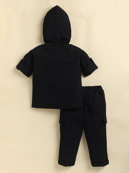 Solid Bright Jaquard Full Sleeves Woven Airport Look Coord with Tshirt Casual Co-ord Set - Black