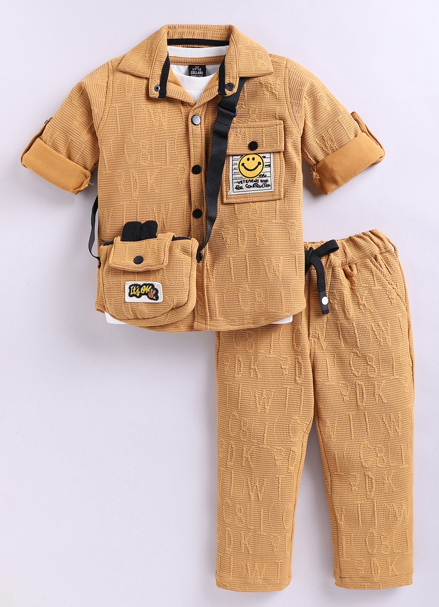 Boys Solid Bright Airport Look Full Sleeves Knitted Shirt, Trousers with Tshirt and Bag Casual Coord Set - Mango