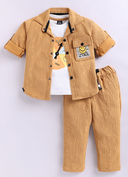 Boys Solid Bright Airport Look Full Sleeves Knitted Shirt, Trousers with Tshirt and Bag Casual Coord Set - Mango