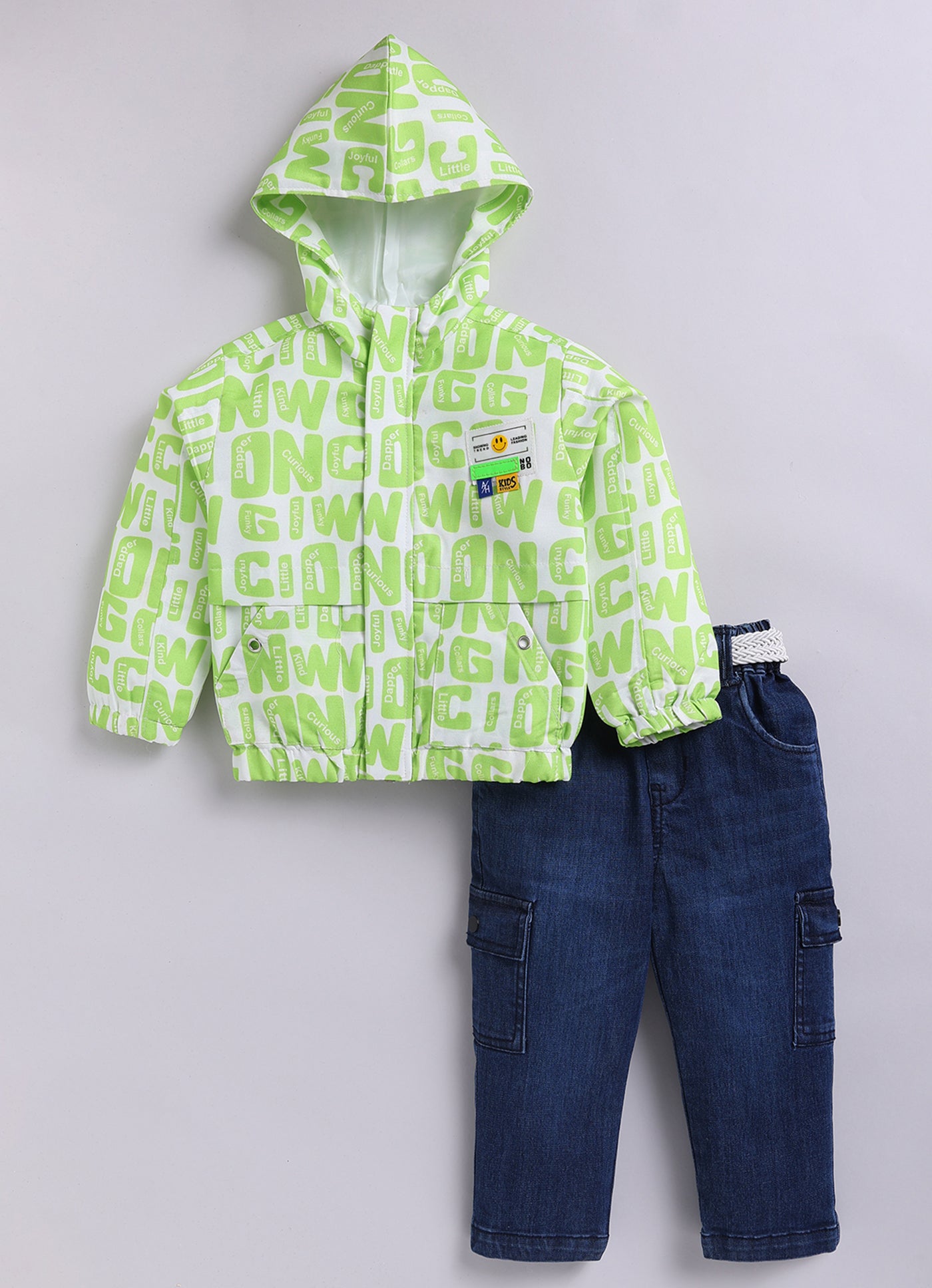 Blended Full Sleeves Zippered Alphabet Printed Sweat Jacket with Printed T shirt and Denim Pants Casual Set- Green