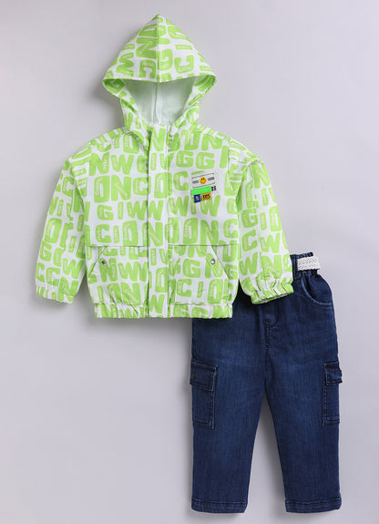 Blended Full Sleeves Zippered Alphabet Printed Sweat Jacket with Printed T shirt and Denim Pants Casual Set- Green