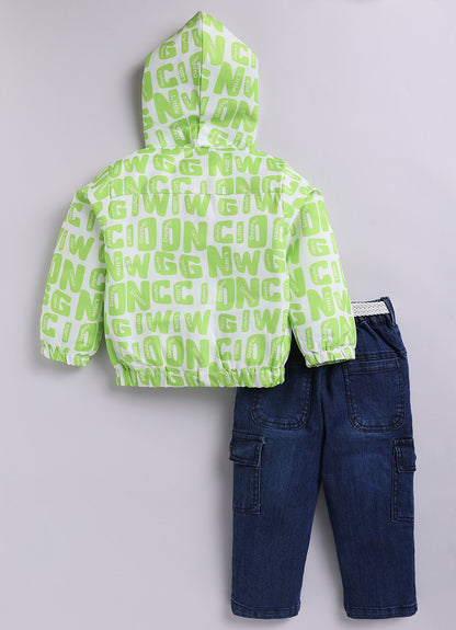 Blended Full Sleeves Zippered Alphabet Printed Sweat Jacket with Printed T shirt and Denim Pants Casual Set- Green
