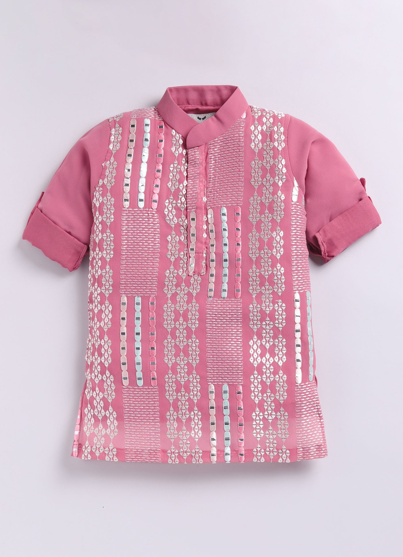 Blended Chiffon Georgette Mirror Work Embellished and Embroidered Full Sleeves Woven Pack of 2 Kurta Pajama Ethnic Set- Pink