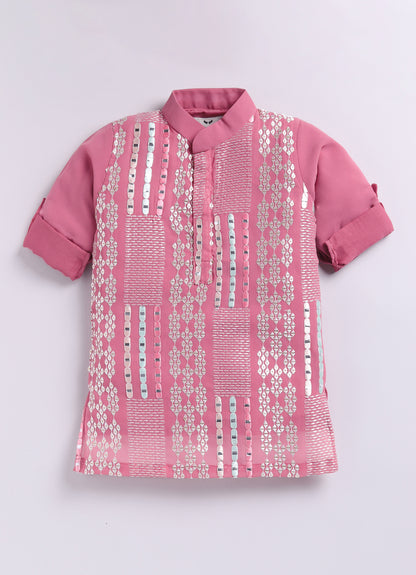Blended Chiffon Georgette Mirror Work Embellished and Embroidered Full Sleeves Woven Pack of 2 Kurta Pajama Ethnic Set- Pink