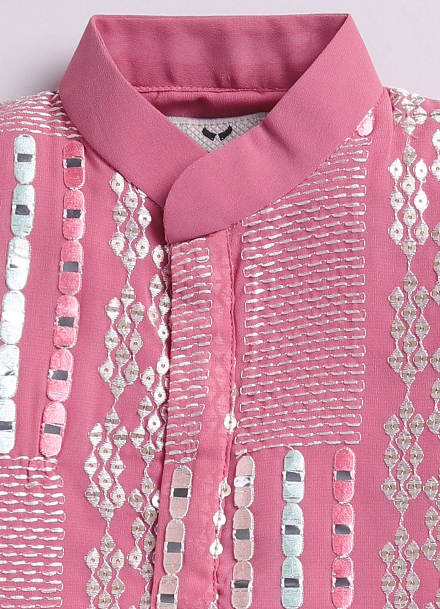 Blended Chiffon Georgette Mirror Work Embellished and Embroidered Full Sleeves Woven Pack of 2 Kurta Pajama Ethnic Set- Pink