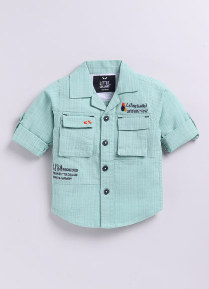 Cotton Woven Full Sleeves Solid Shirt and Pants, Tshirt and Printed Scarf Casual Set-Green