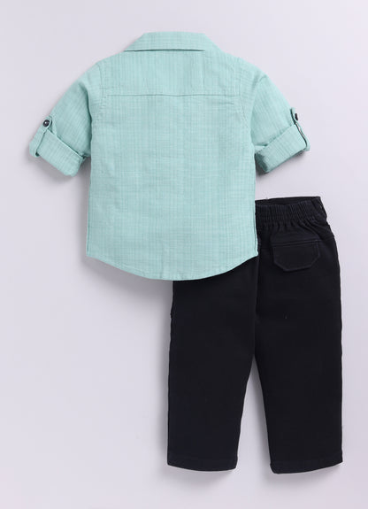 Cotton Woven Full Sleeves Solid Shirt and Pants, Tshirt and Printed Scarf Casual Set-Green