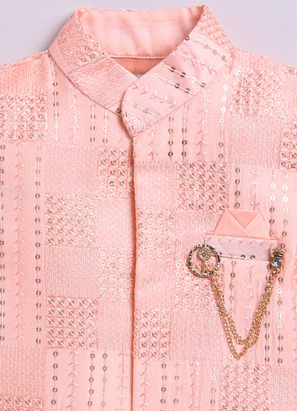 Blended Silk Embellished and Embroidered Woven Full Sleeves Pack of 4 Kurta Dhoti with open Nehru Jacket and Brooch Pin Ethnic Set- Peach