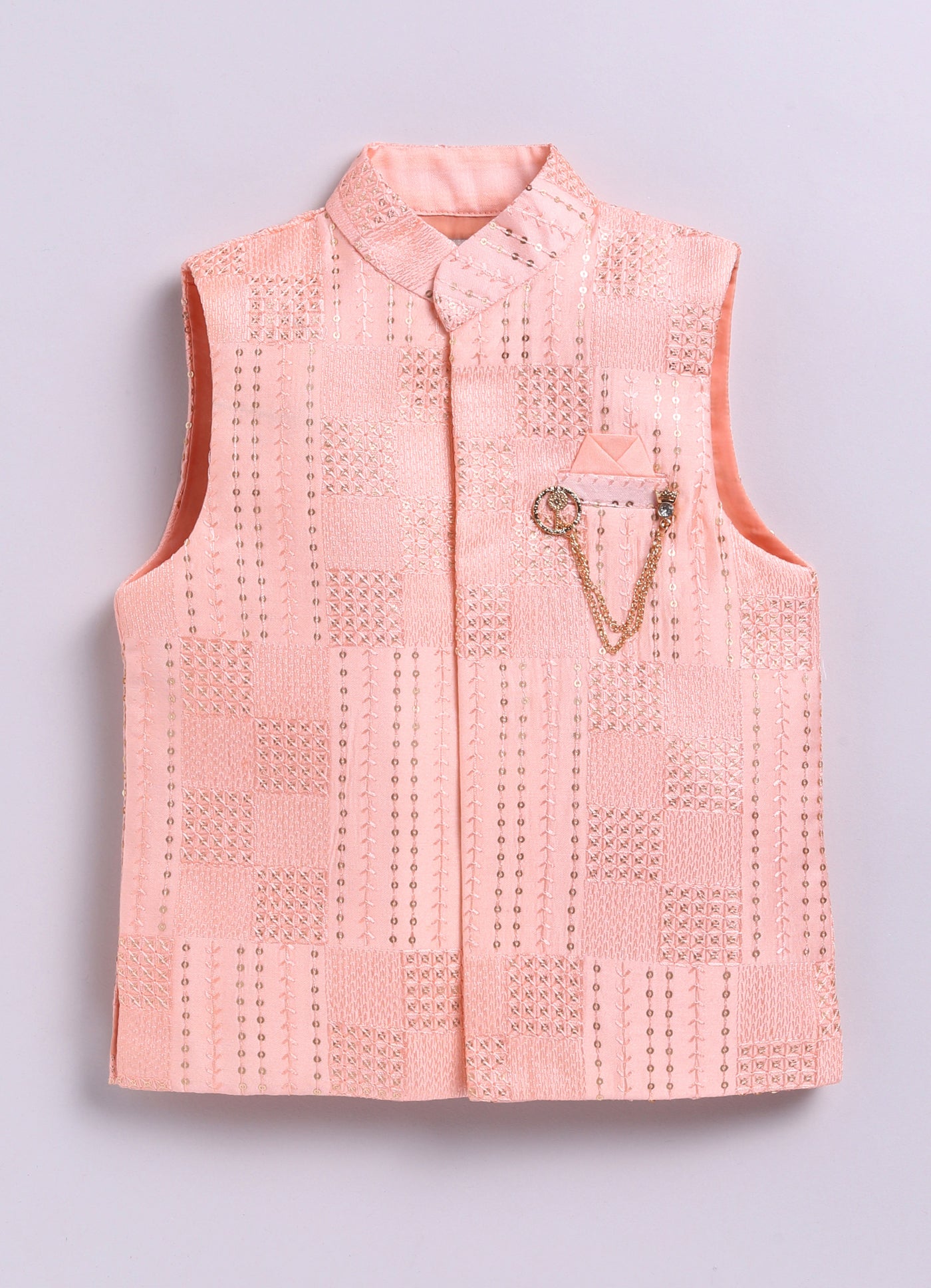 Blended Silk Embellished and Embroidered Woven Full Sleeves Pack of 4 Kurta Dhoti with open Nehru Jacket and Brooch Pin Ethnic Set- Peach