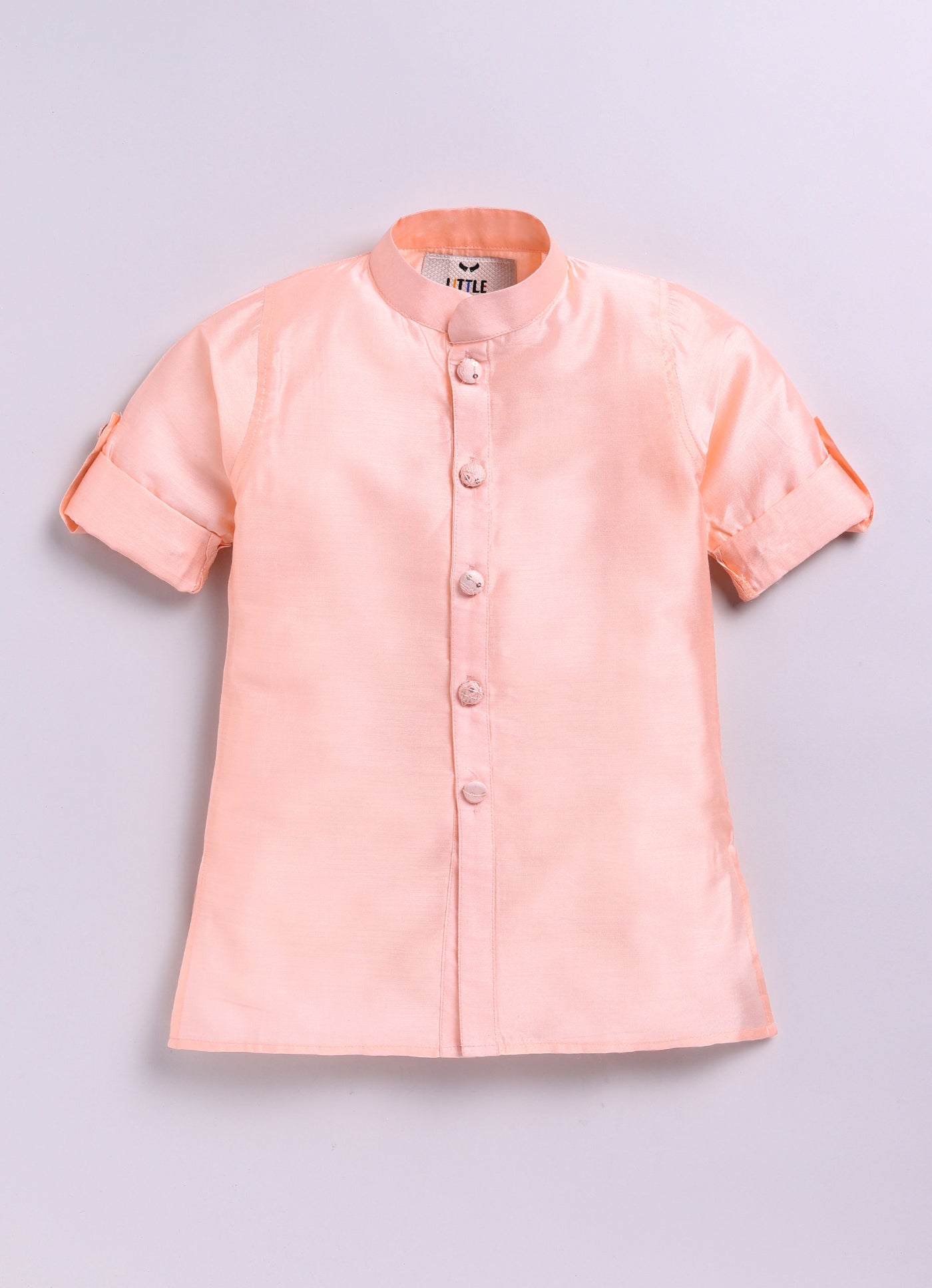 Blended Silk Embellished and Embroidered Woven Full Sleeves Pack of 4 Kurta Dhoti with open Nehru Jacket and Brooch Pin Ethnic Set- Peach