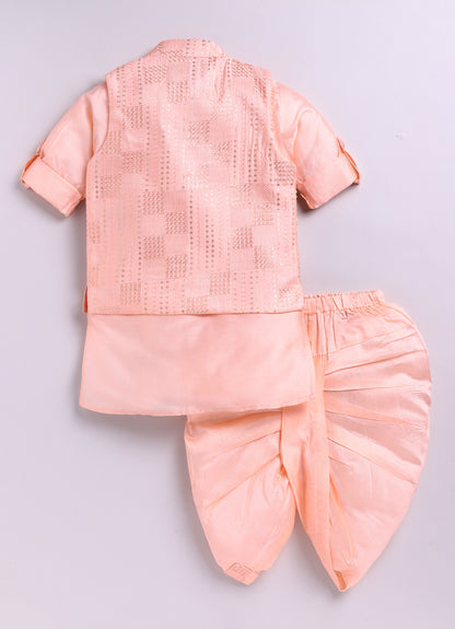 Blended Silk Embellished and Embroidered Woven Full Sleeves Pack of 4 Kurta Dhoti with open Nehru Jacket and Brooch Pin Ethnic Set- Peach