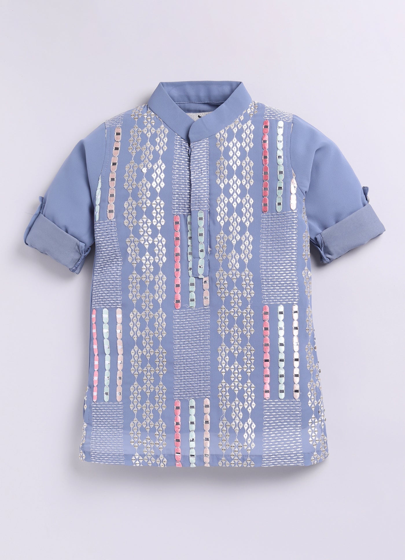 Blended Chiffon Georgette Mirror Work Embellished and Embroidered Full Sleeves Woven Pack of 2 Kurta Pajama Ethnic Set- Grey