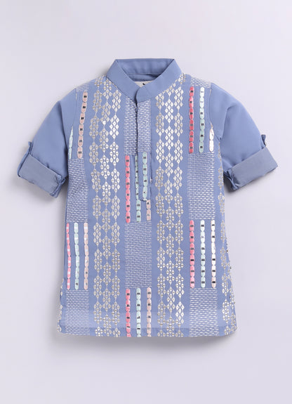 Blended Chiffon Georgette Mirror Work Embellished and Embroidered Full Sleeves Woven Pack of 2 Kurta Pajama Ethnic Set- Grey