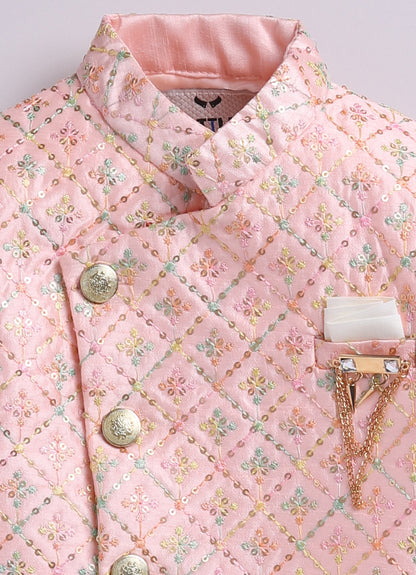 Blended Silk Woven Full Sleeves Sequins Embellished  &  Embroidered Achkan Pyjama Pant With Brooch Ethnic Set - Pink