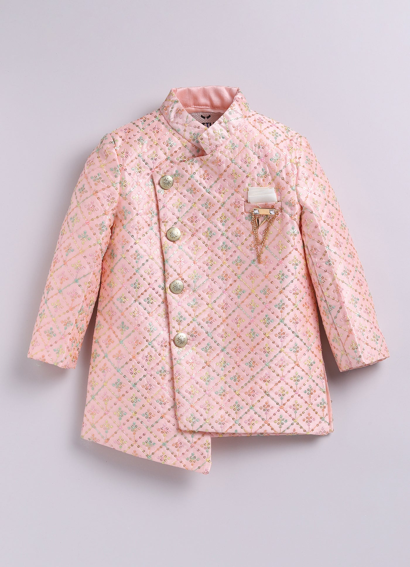 Blended Silk Woven Full Sleeves Sequins Embellished  &  Embroidered Achkan Pyjama Pant With Brooch Ethnic Set - Pink