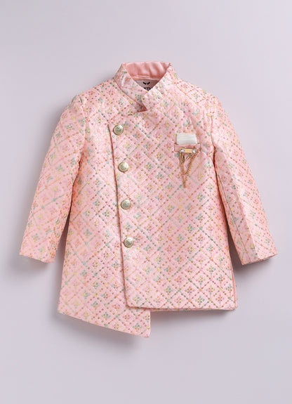 Blended Silk Woven Full Sleeves Sequins Embellished  &  Embroidered Achkan Pyjama Pant With Brooch Ethnic Set - Pink