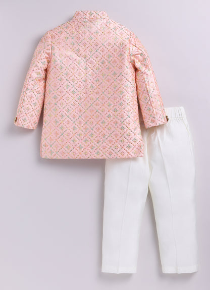 Blended Silk Woven Full Sleeves Sequins Embellished  &  Embroidered Achkan Pyjama Pant With Brooch Ethnic Set - Pink