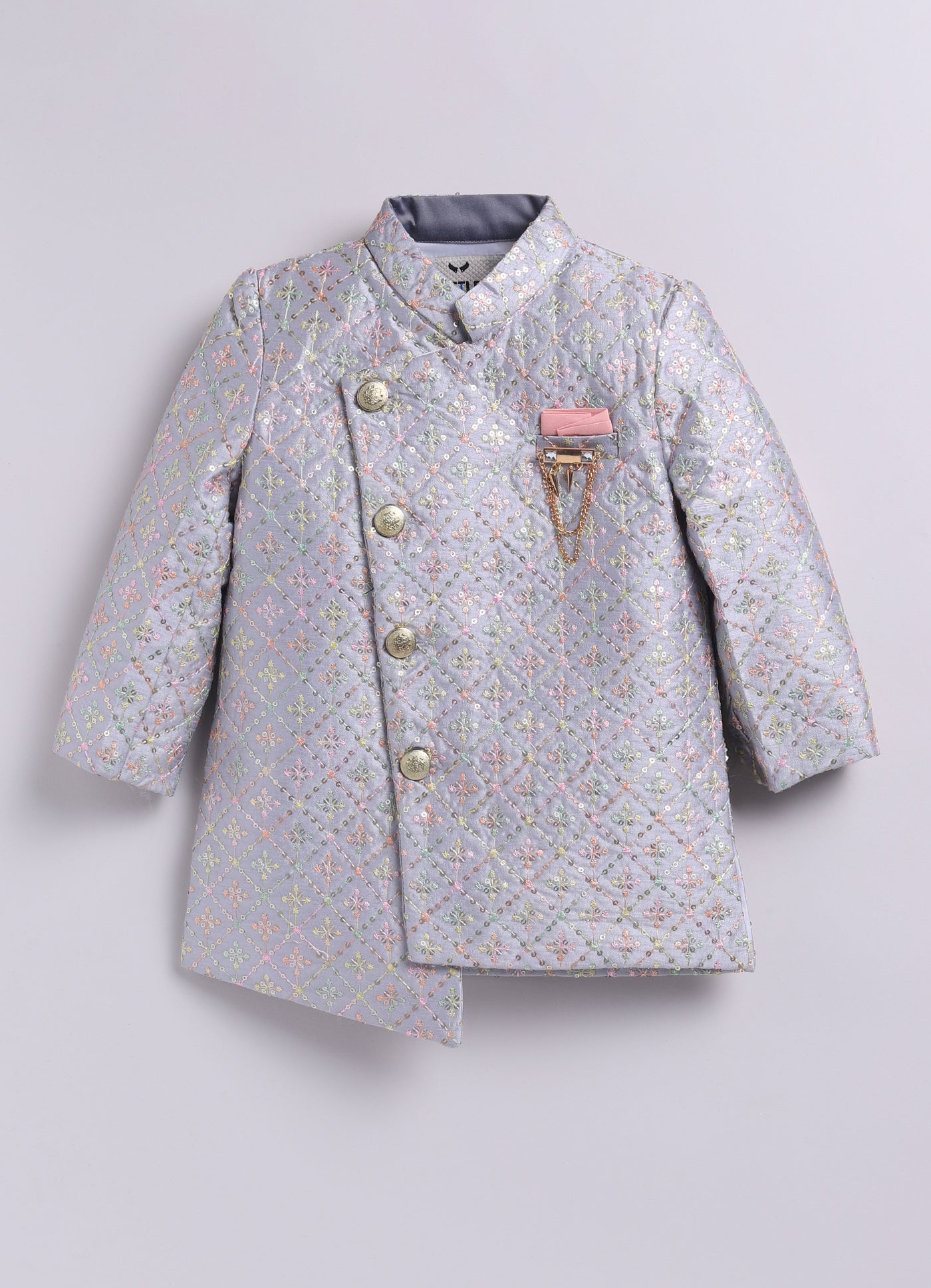 Blended Silk Woven Full Sleeves Sequins Embellished  &  Embroidered Achkan Pajama Pant With Brooch Ethnic Set - Grey