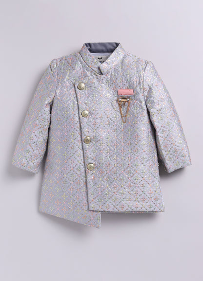 Blended Silk Woven Full Sleeves Sequins Embellished  &  Embroidered Achkan Pajama Pant With Brooch Ethnic Set - Grey