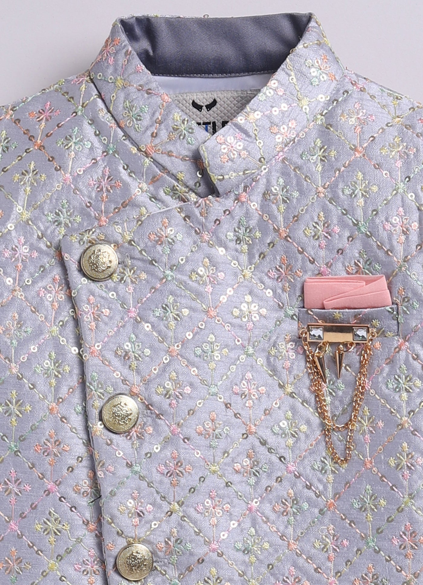 Blended Silk Woven Full Sleeves Sequins Embellished  &  Embroidered Achkan Pajama Pant With Brooch Ethnic Set - Grey