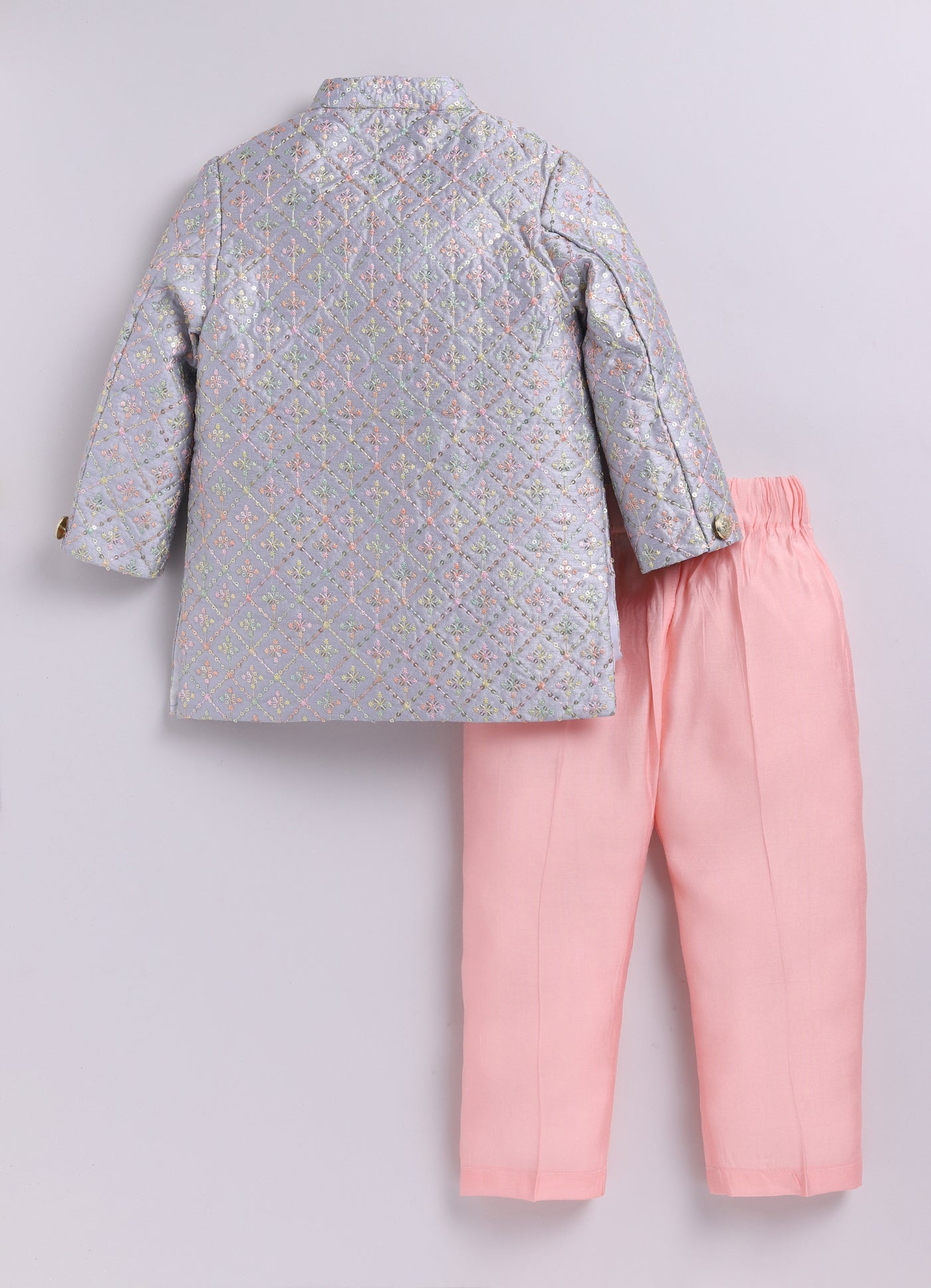 Blended Silk Woven Full Sleeves Sequins Embellished  &  Embroidered Achkan Pajama Pant With Brooch Ethnic Set - Grey