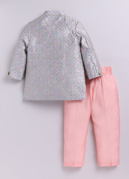 Blended Silk Woven Full Sleeves Sequins Embellished  &  Embroidered Achkan Pajama Pant With Brooch Ethnic Set - Grey