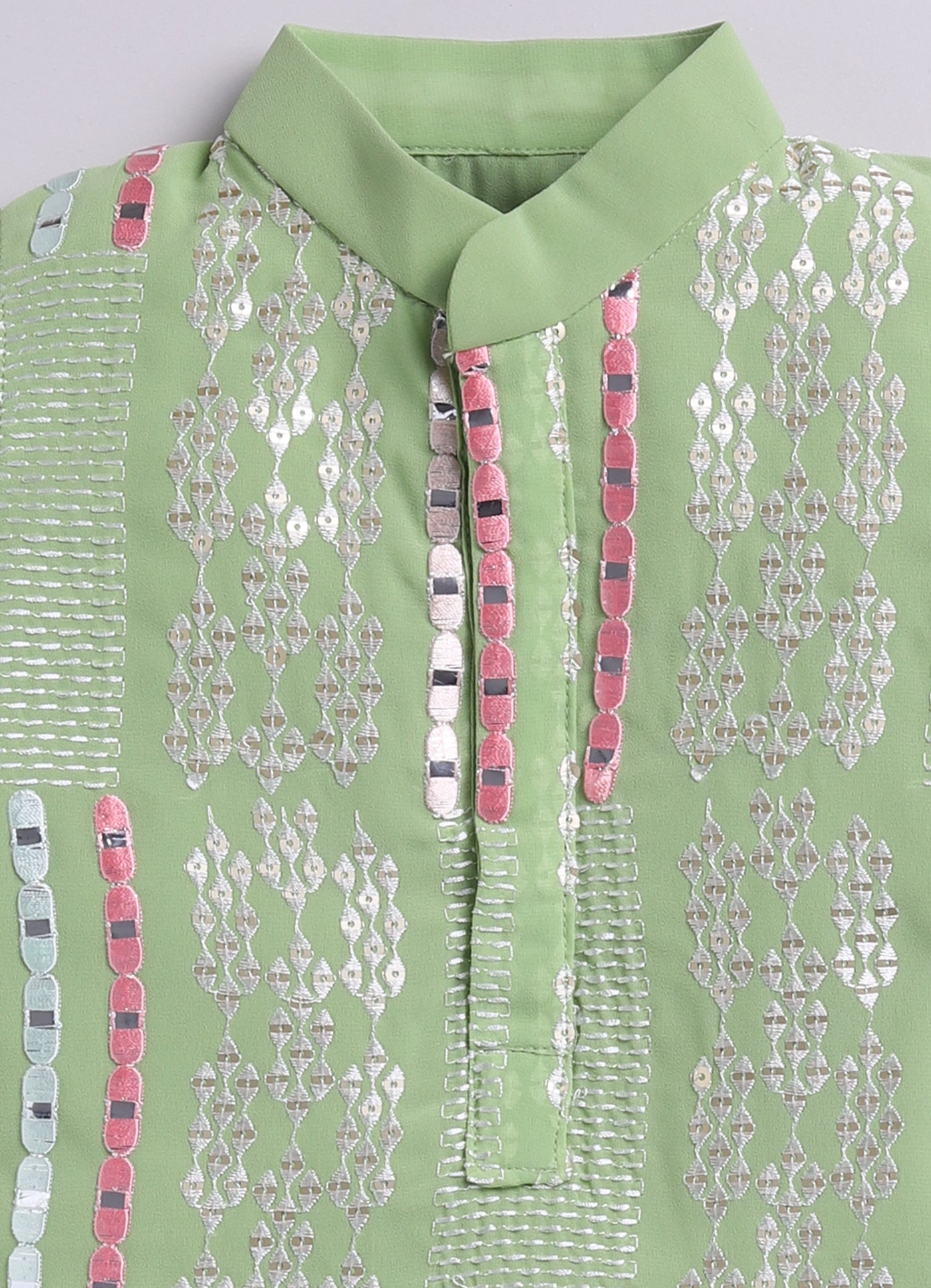 Blended Chiffon Georgette Mirror Work Embellished and Embroidered Full Sleeves Woven Pack of 2 Kurta Pajama Ethnic Set- Green