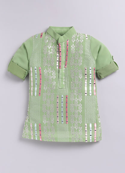 Blended Chiffon Georgette Mirror Work Embellished and Embroidered Full Sleeves Woven Pack of 2 Kurta Pajama Ethnic Set- Green