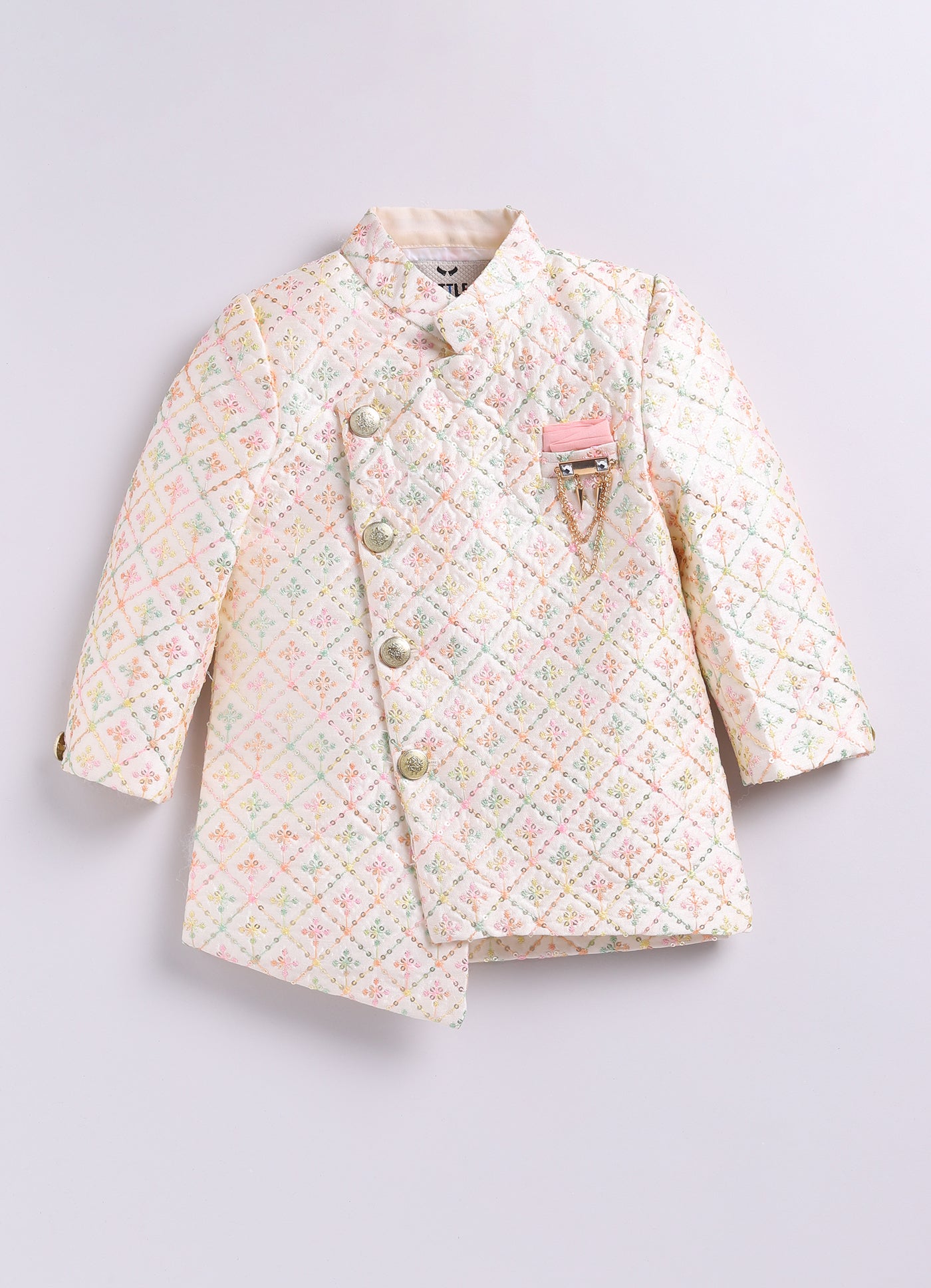 Blended Silk Woven Full Sleeves Sequins Embellished  &  Embroidered Achkan Pyjama Pant With Brooch Ethnic Set - Cream