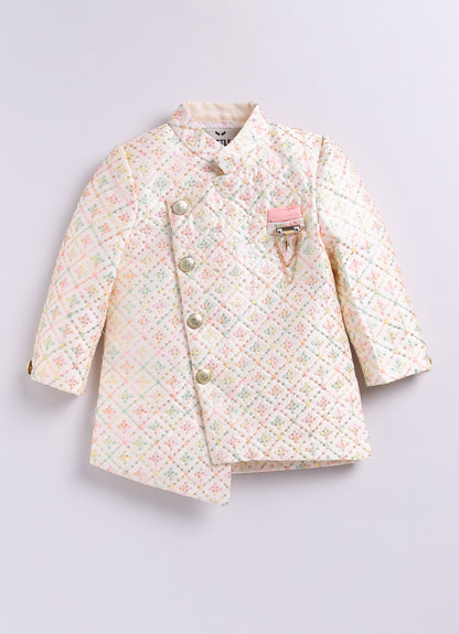 Blended Silk Woven Full Sleeves Sequins Embellished  &  Embroidered Achkan Pyjama Pant With Brooch Ethnic Set - Cream