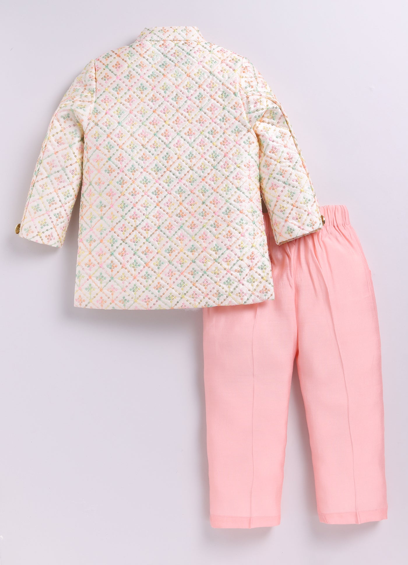 Blended Silk Woven Full Sleeves Sequins Embellished  &  Embroidered Achkan Pyjama Pant With Brooch Ethnic Set - Cream