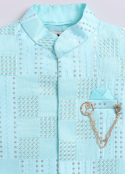 Blended Silk Embellished and Embroidered Woven Full Sleeves Pack of 4 Kurta Dhoti with open Nehru Jacket and Brooch Pin Ethnic Set- Mint