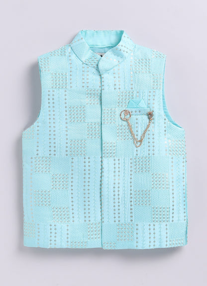Blended Silk Embellished and Embroidered Woven Full Sleeves Pack of 4 Kurta Dhoti with open Nehru Jacket and Brooch Pin Ethnic Set- Mint