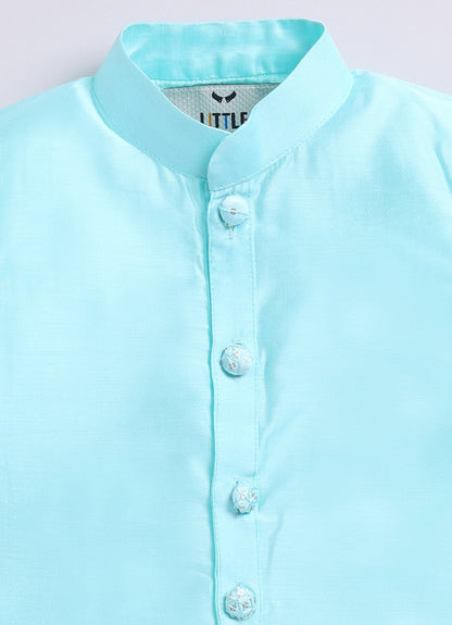 Blended Silk Embellished and Embroidered Woven Full Sleeves Pack of 4 Kurta Dhoti with open Nehru Jacket and Brooch Pin Ethnic Set- Mint