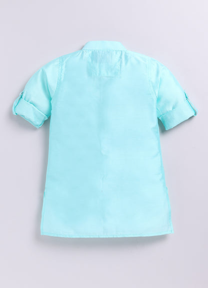 Blended Silk Embellished and Embroidered Woven Full Sleeves Pack of 4 Kurta Dhoti with open Nehru Jacket and Brooch Pin Ethnic Set- Mint