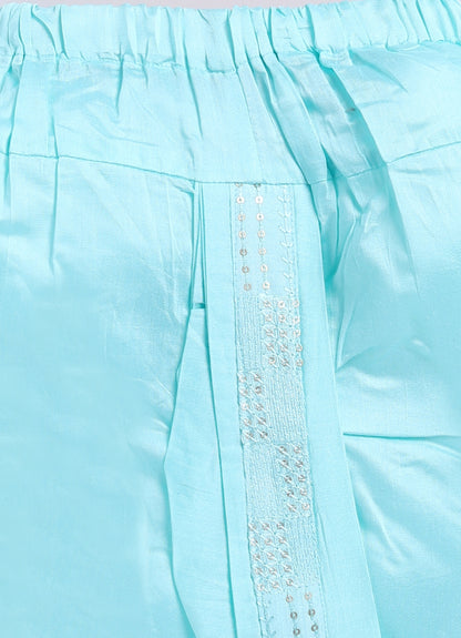 Blended Silk Embellished and Embroidered Woven Full Sleeves Pack of 4 Kurta Dhoti with open Nehru Jacket and Brooch Pin Ethnic Set- Mint