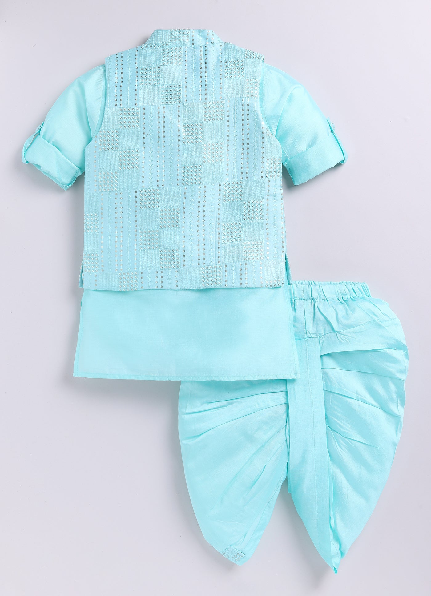 Blended Silk Embellished and Embroidered Woven Full Sleeves Pack of 4 Kurta Dhoti with open Nehru Jacket and Brooch Pin Ethnic Set- Mint