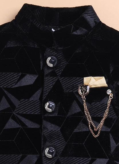 Velvet Woven Full Sleeves Abstract Geometric Jacquard Achkan Pajama Pants With Brooch Ethnic Set - Black