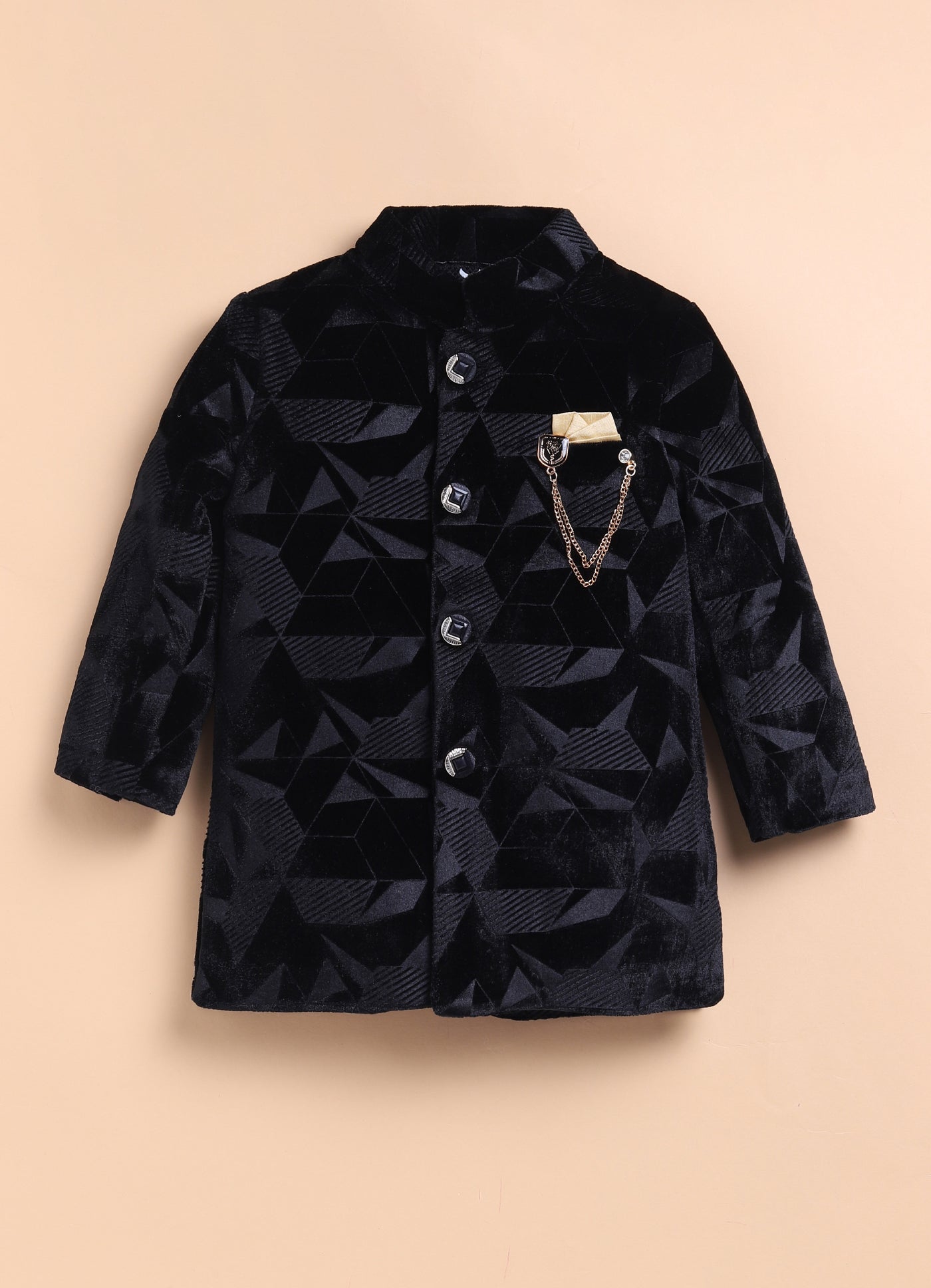 Velvet Woven Full Sleeves Abstract Geometric Jacquard Achkan Pajama Pants With Brooch Ethnic Set - Black