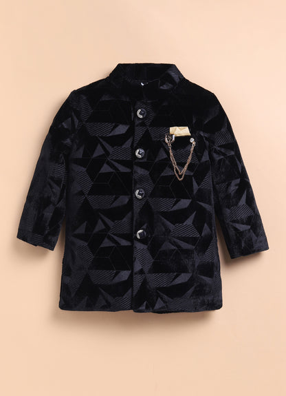Velvet Woven Full Sleeves Abstract Geometric Jacquard Achkan Pajama Pants With Brooch Ethnic Set - Black
