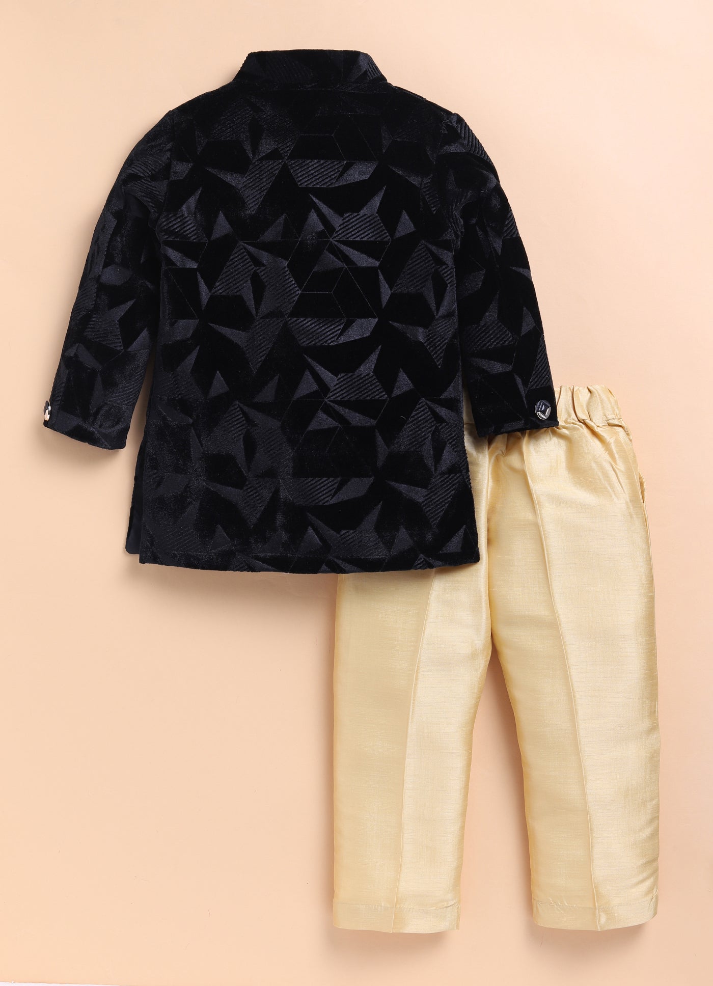 Velvet Woven Full Sleeves Abstract Geometric Jacquard Achkan Pajama Pants With Brooch Ethnic Set - Black