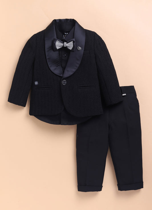 Velvet Woven Full Sleeves Abstract Geometric Jacquard Achkan Pajama Pants With Brooch Ethnic Set - Black