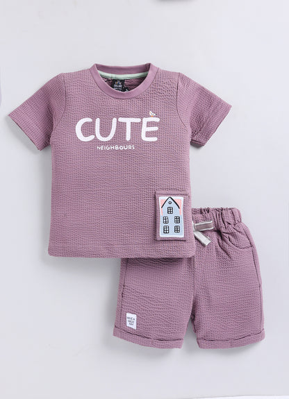 Boys Knitted Cotton T-Shirt, Pant, Crossbody Bag with Fluffy Animal Casual Coord Set- Lavender