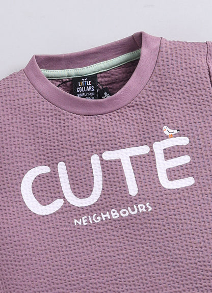 Boys Knitted Cotton T-Shirt, Pant, Crossbody Bag with Fluffy Animal Casual Coord Set- Lavender
