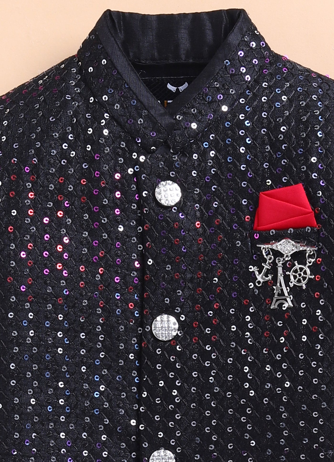 Little Collars Blended Silk Woven Full Sleeves Sequins Embellished and Embroidered Achkan Pajama Pants with Brooch Partywear Set - Black