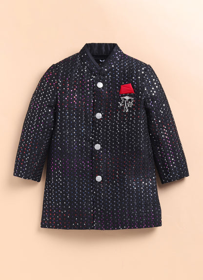 Little Collars Blended Silk Woven Full Sleeves Sequins Embellished and Embroidered Achkan Pajama Pants with Brooch Partywear Set - Black