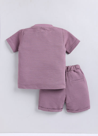 Boys Knitted Cotton T-Shirt, Pant, Crossbody Bag with Fluffy Animal Casual Coord Set- Lavender