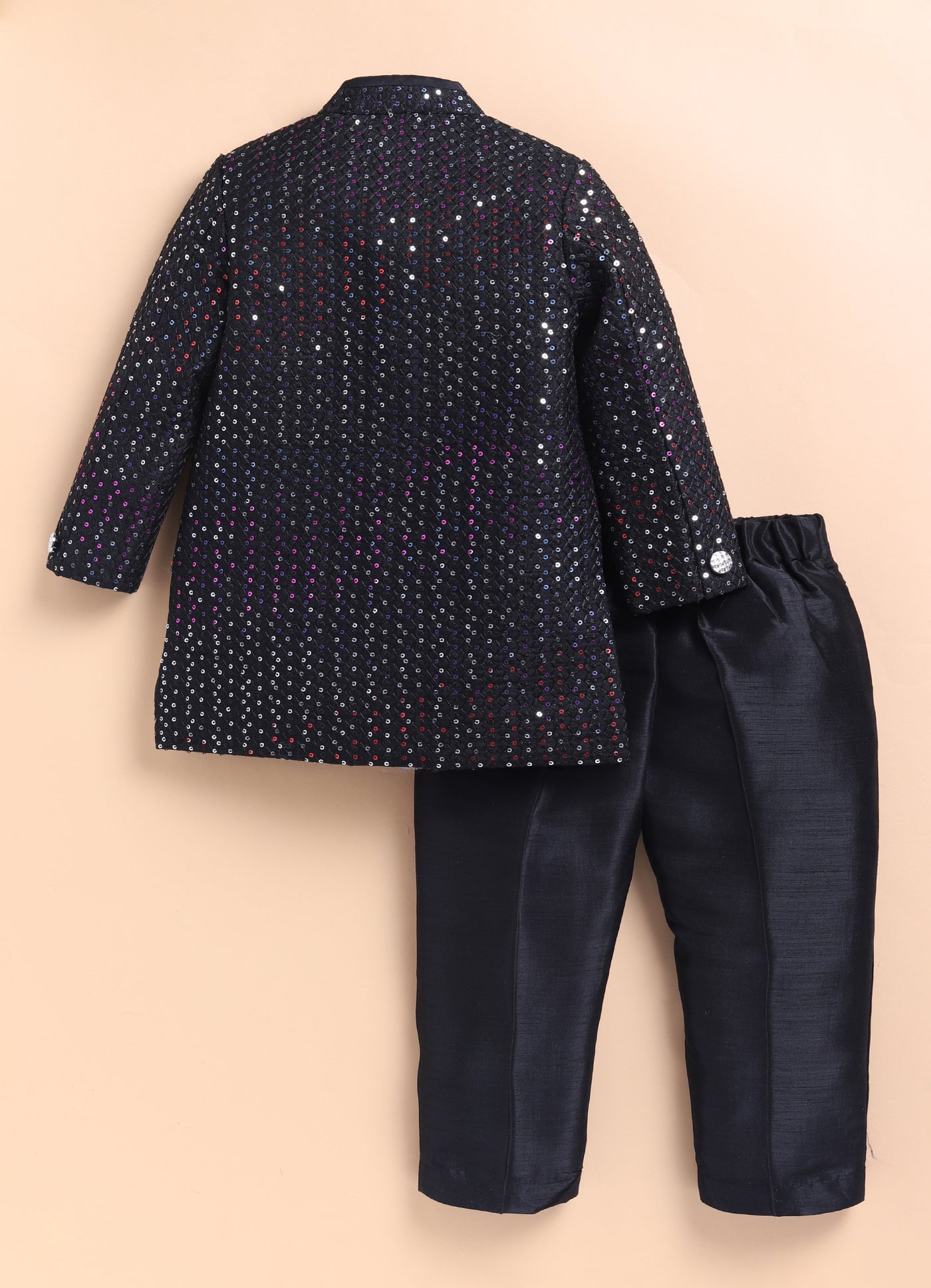 Little Collars Blended Silk Woven Full Sleeves Sequins Embellished and Embroidered Achkan Pajama Pants with Brooch Partywear Set - Black