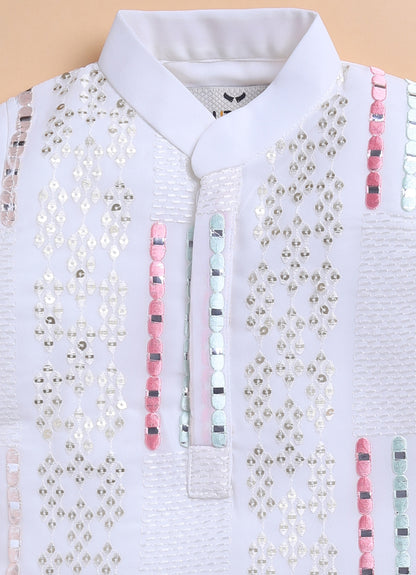 Blended Chiffon Georgette Mirror Work Embellished and Embroidered Full Sleeves Woven Pack of 2 Kurta Pajama Ethnic Set-  Off White