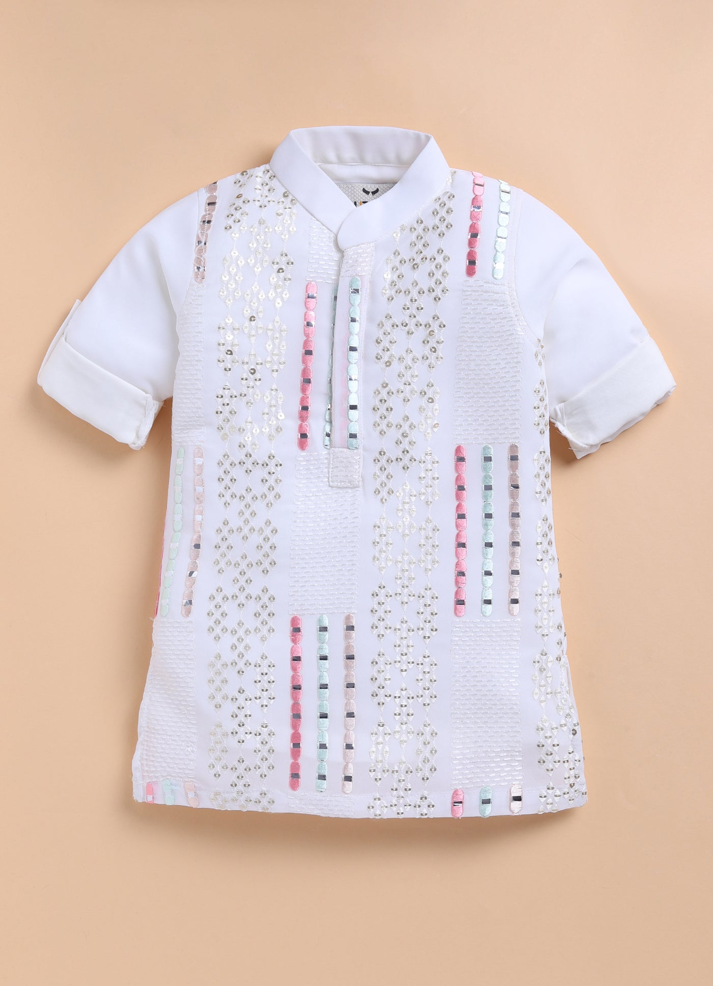 Blended Chiffon Georgette Mirror Work Embellished and Embroidered Full Sleeves Woven Pack of 2 Kurta Pajama Ethnic Set-  Off White